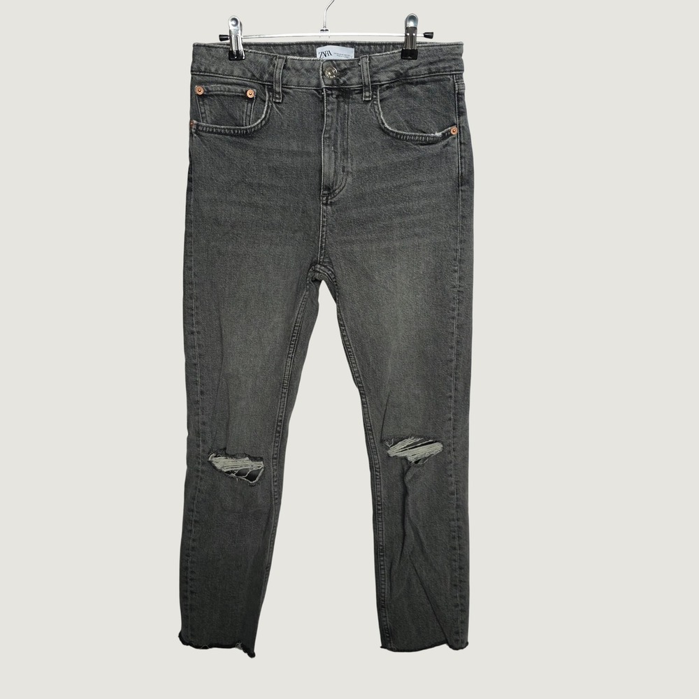 Zara Jeans Women 6 Gray Excellent Distressed High Rise Skinny Raw Hem Denim